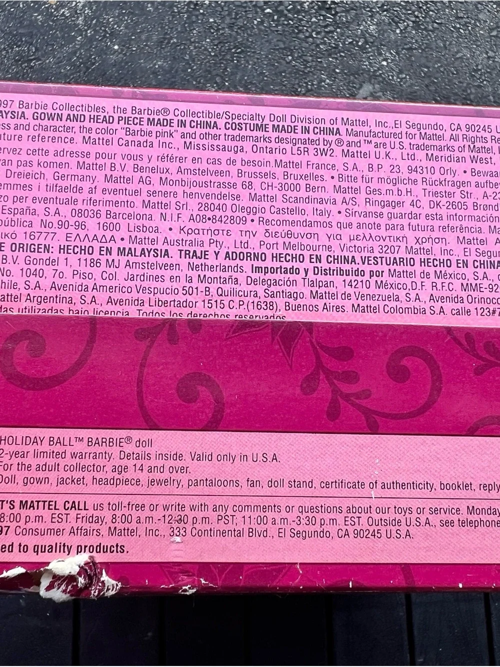 1997 Barbie Pink and Gold Holiday Box Art with stand new in original box
